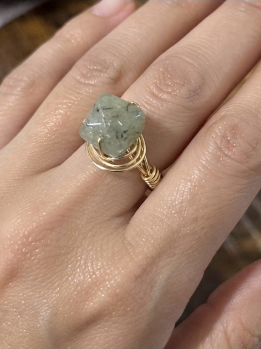 Gold Wire-Wrapped Prehnite  Gemstone Ring size 8